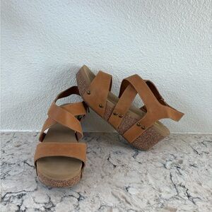 Volatile Tan Crisscross Cork Wedge Sandals